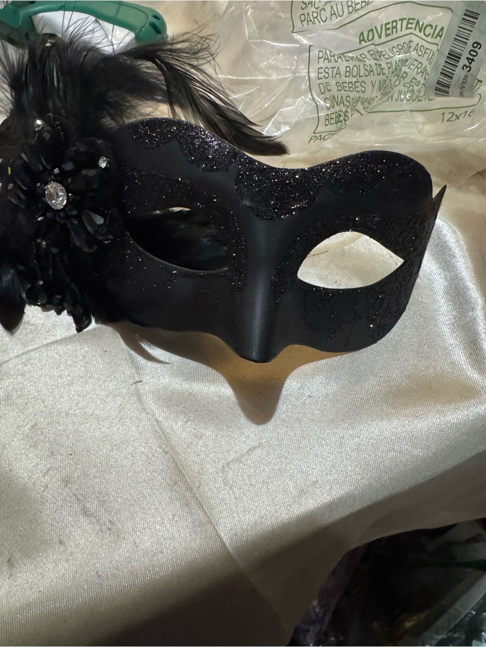 Spirit Black Feathered Masquerade Eye Mask with Jewel Accent